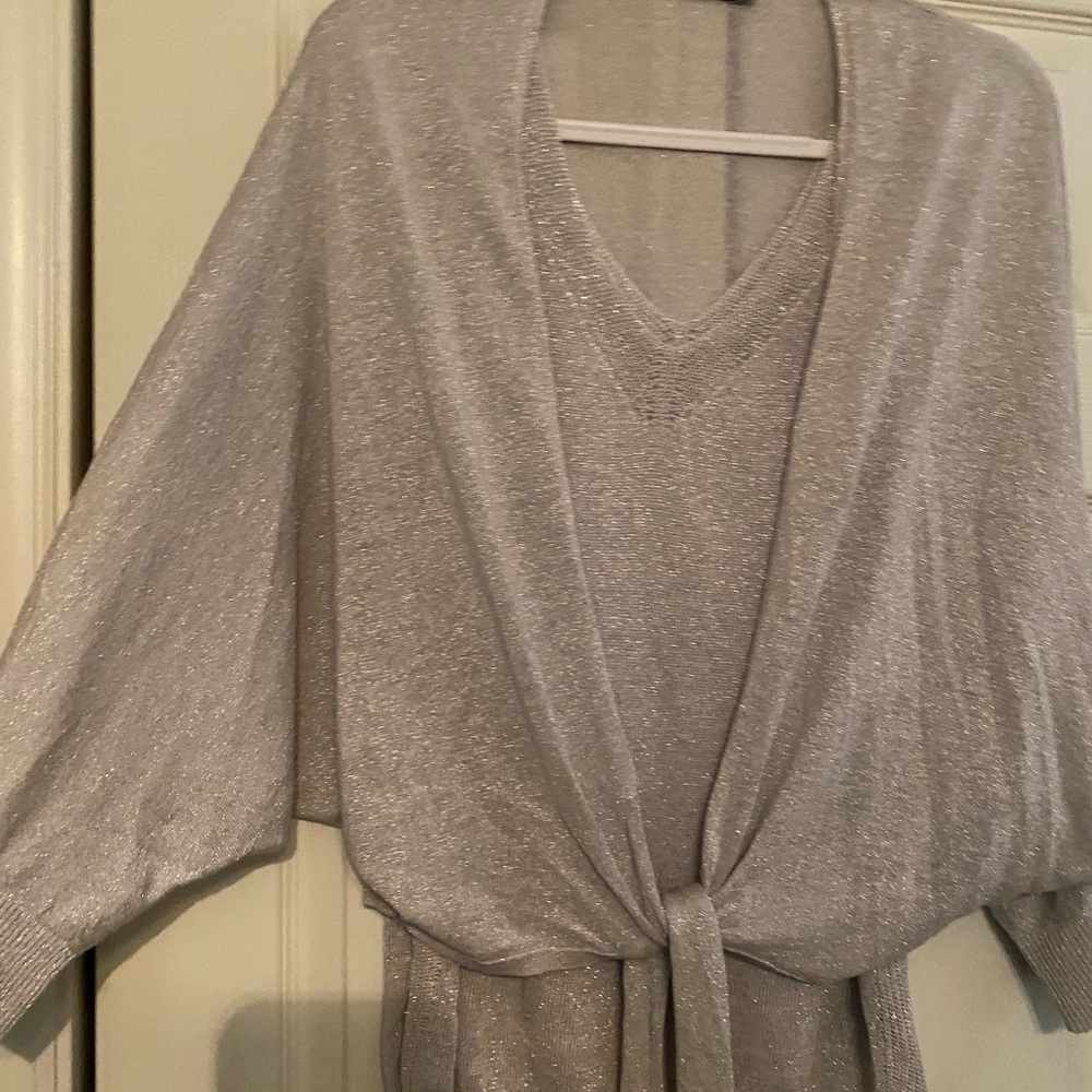 NIC+ZOE Silver Metallic V-Neck Knit Top with Tie Waist